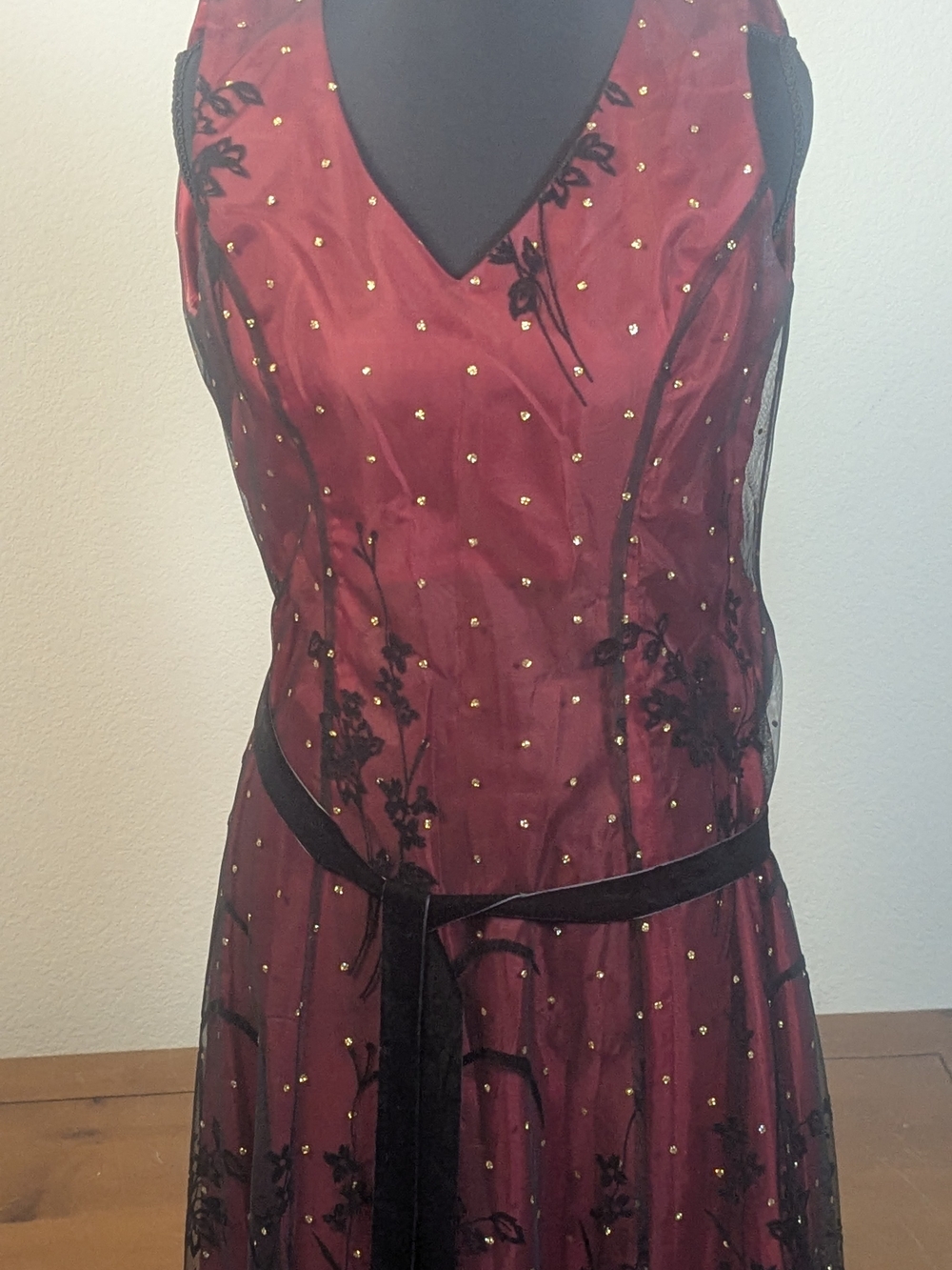 Coldwater Creek P6 Burgundy Black Floral Mesh Overlay Midi Dress - Picture 7 of 10
